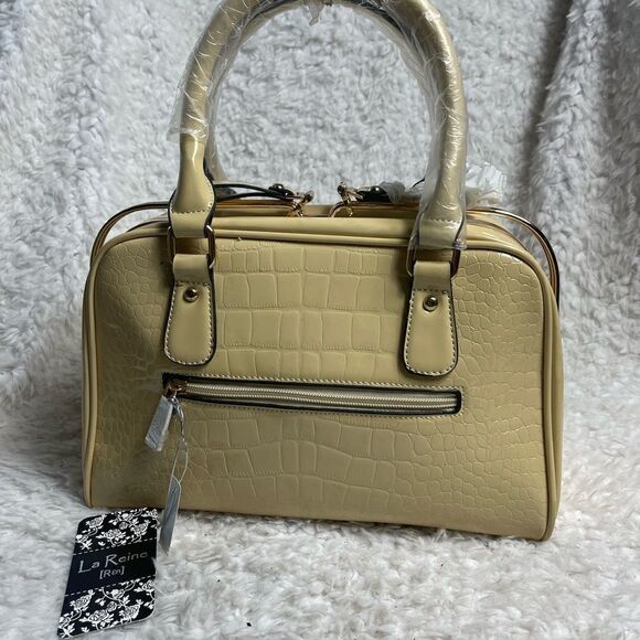 NWTLa Reine Patent Beige croc prints faux leather satchel gold tone frame accent - Picture 5 of 12
